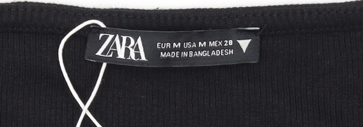 ZARA Womens Black Cropped V-Neck Ruched T-Shirt Size 12