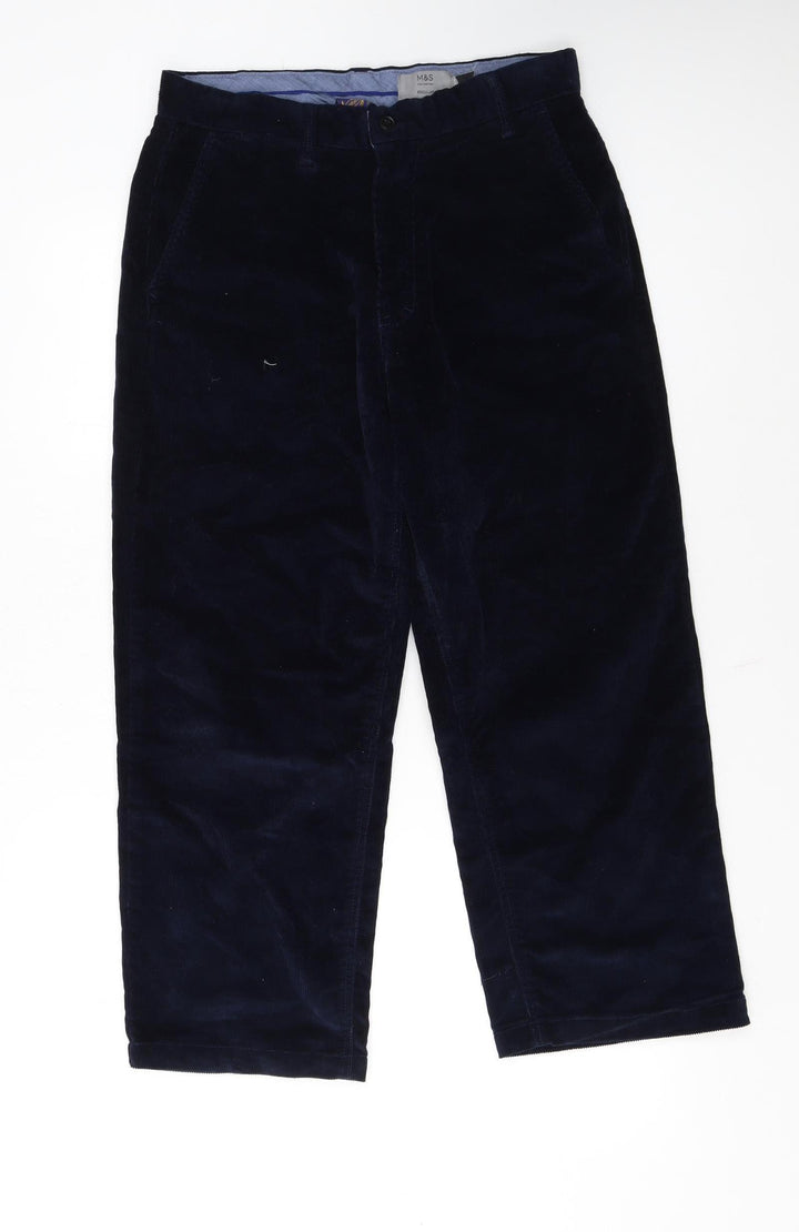 Marks and Spencer Men's Blue Corduroy Regular Fit Trousers Size 32