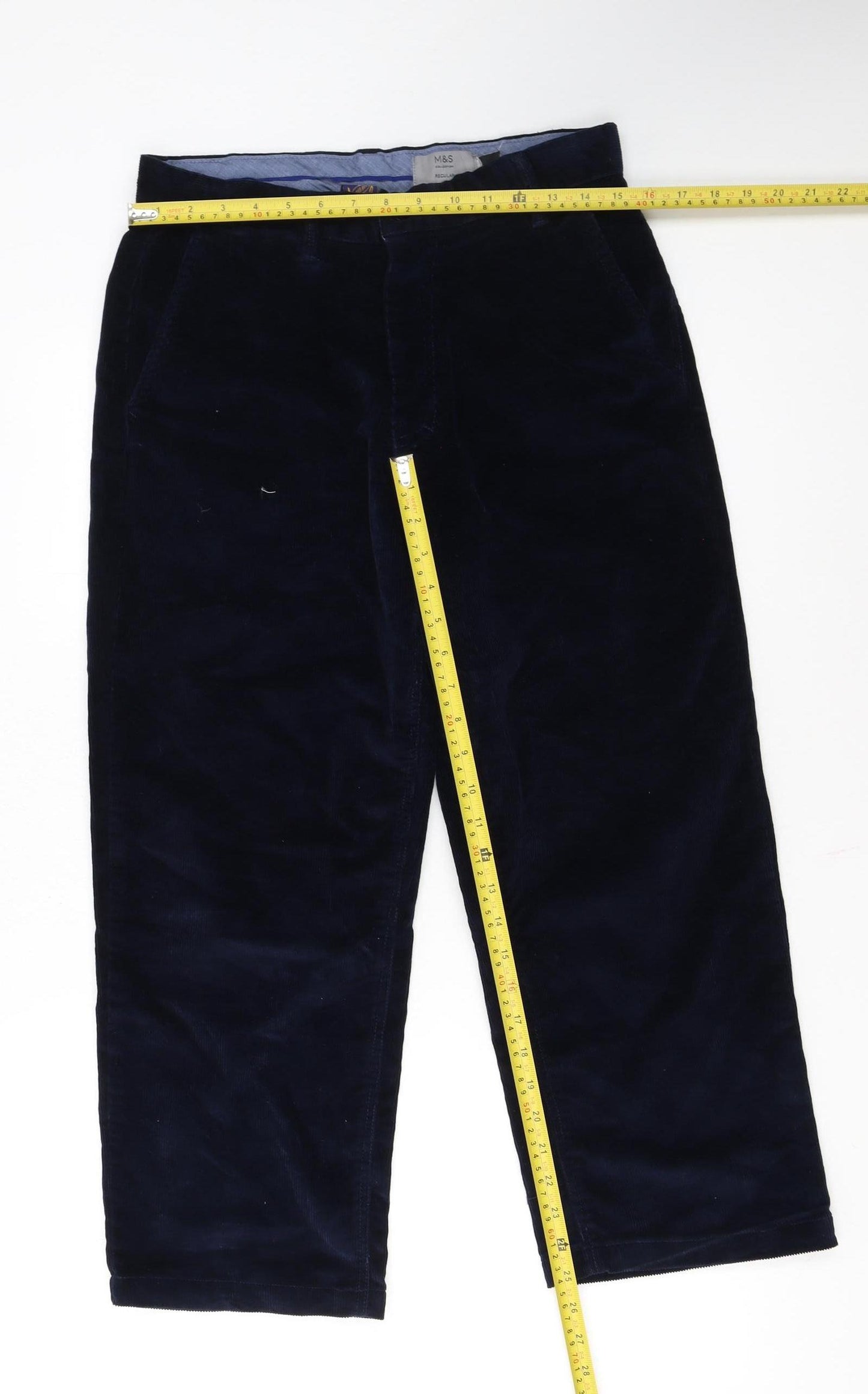Marks and Spencer Men's Blue Corduroy Regular Fit Trousers Size 32