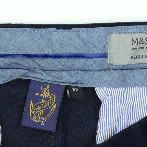 Marks and Spencer Men's Blue Corduroy Regular Fit Trousers Size 32