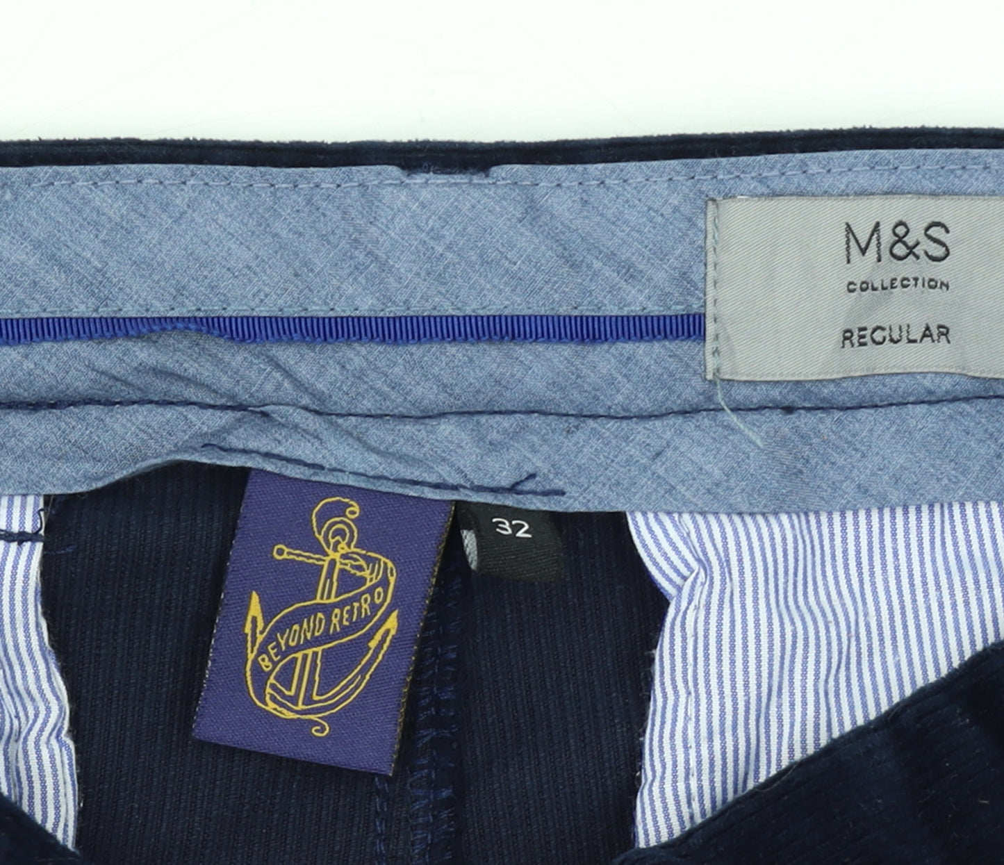 Marks and Spencer Men's Blue Corduroy Regular Fit Trousers Size 32