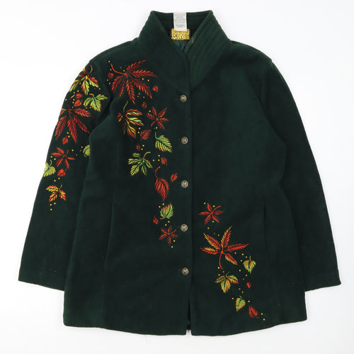 Bob Mackie Women Green Embroidered Floral Fleece Jacket M