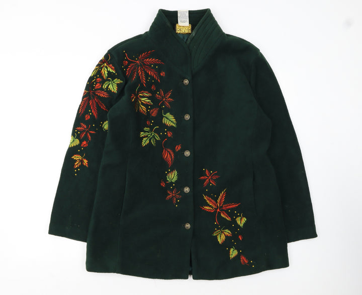 Bob Mackie Women Green Embroidered Floral Fleece Jacket M