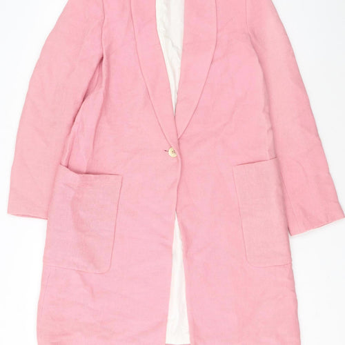 Zara Basic Women Pink Long Blazer Coat XS Linen Blend Lined