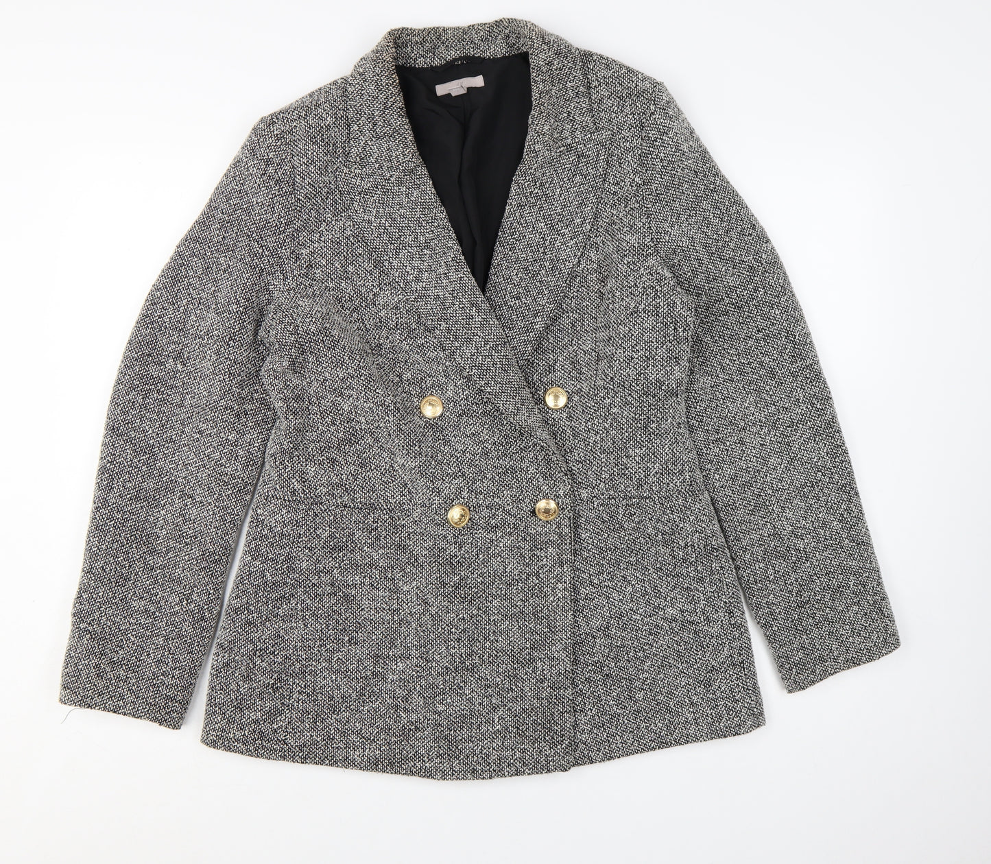H&M Women Grey Double-Breasted Blazer Gold Buttons Size S