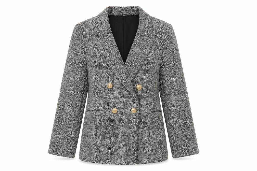 Front view of H&M Women Grey Double-Breasted Blazer Gold Buttons, size S