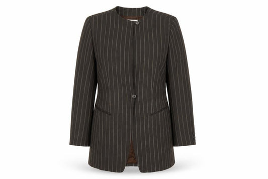Front view of Emanuel Ungaro Brown Pinstripe Long Blazer Jacket Women's, size 14