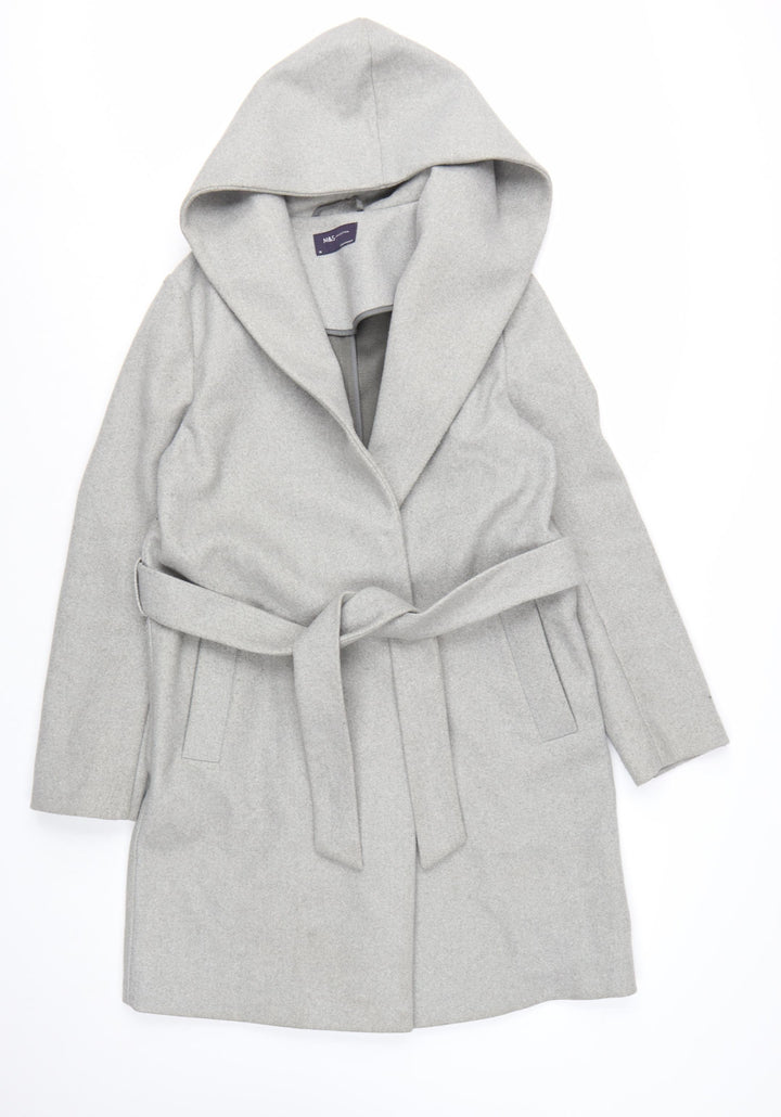 Marks and Spencer Women’s Grey Belted Hooded Mid-Length Overcoat Size 10
