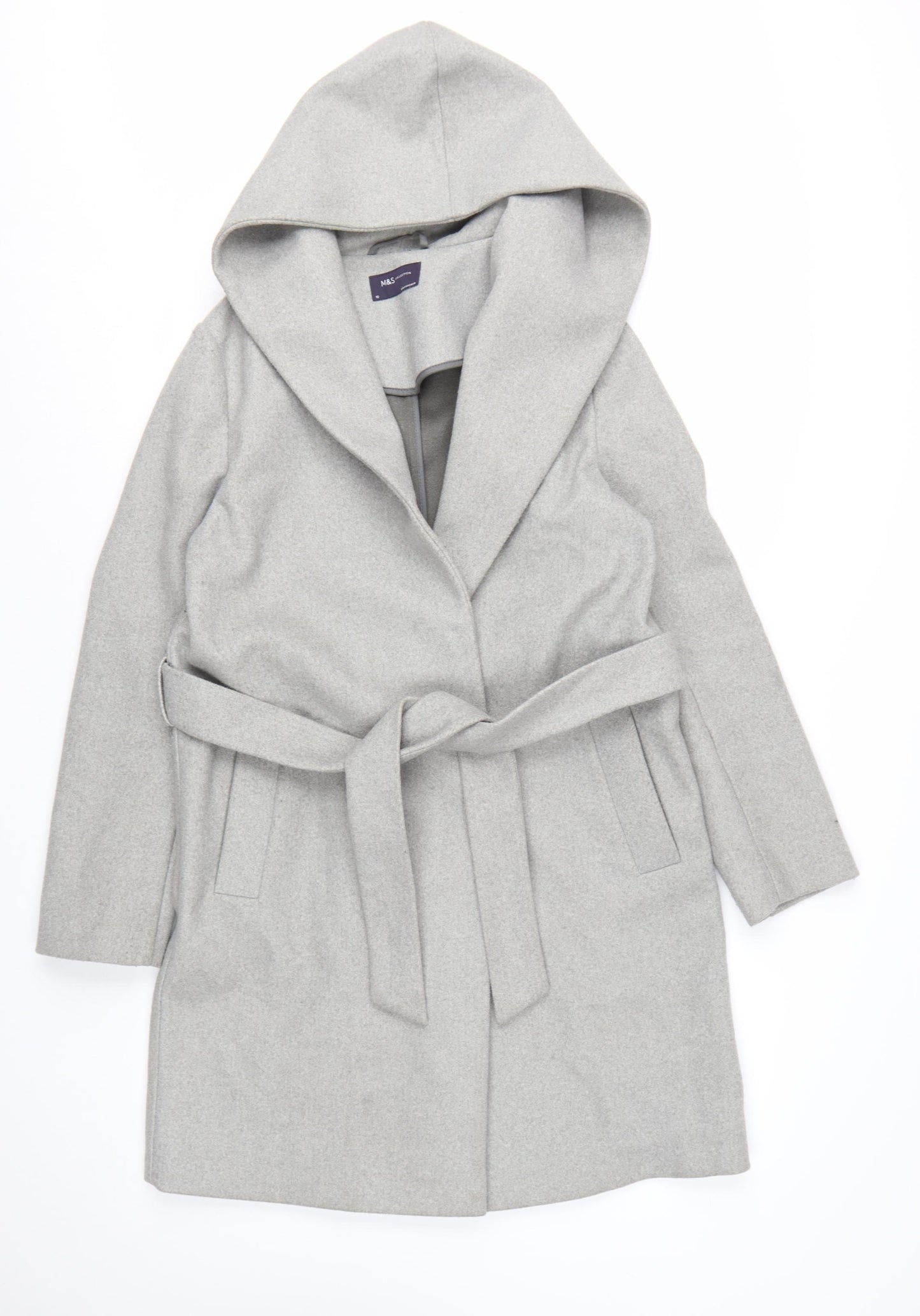 Marks and Spencer Women’s Grey Belted Hooded Mid-Length Overcoat Size 10