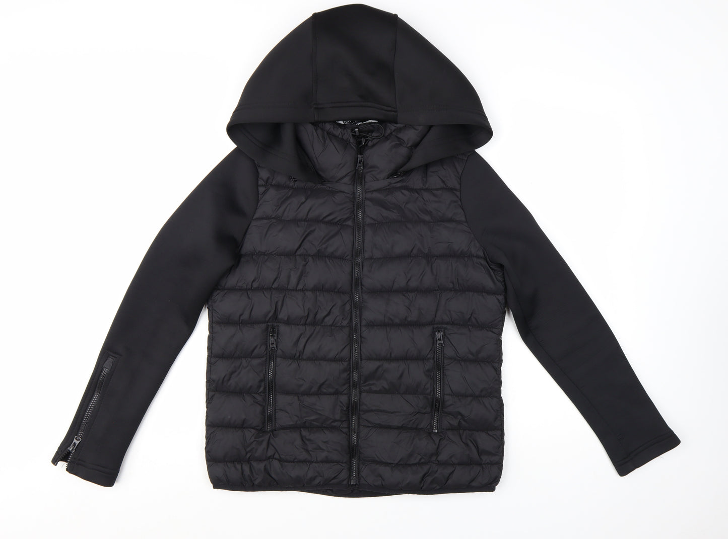Zara Women's Black Puffer Jacket Hooded Size 8 Quilted Softshell