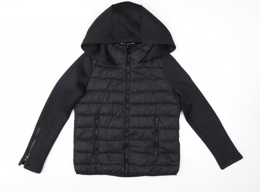 Zara Women's Black Puffer Jacket Hooded Size 8 Quilted Softshell