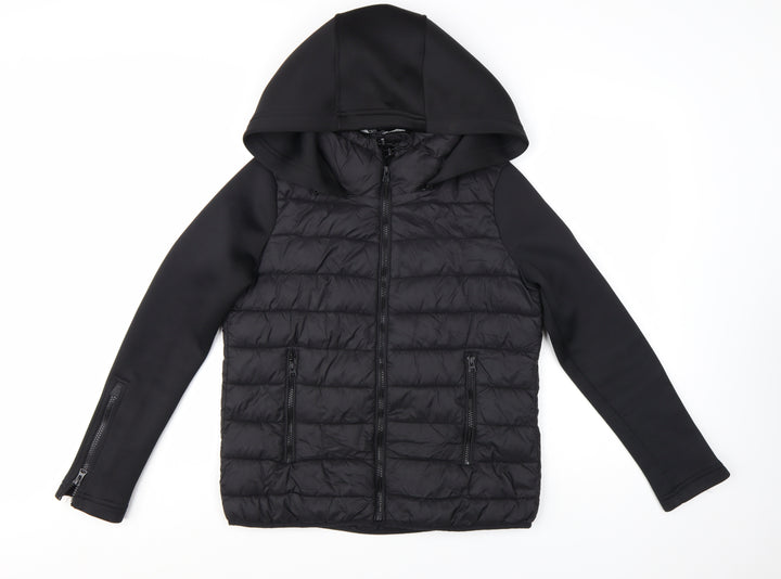 Zara Women's Black Puffer Jacket Hooded Size 8 Quilted Softshell