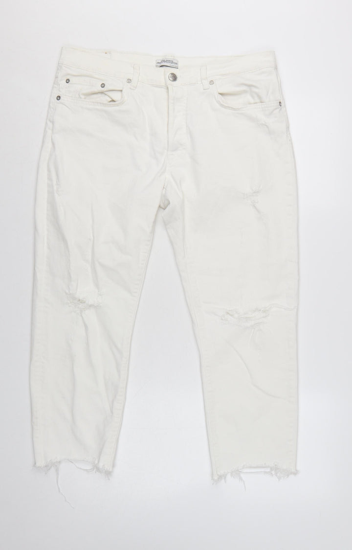 Zara Woman White Distressed Boyfriend Jeans Size 14