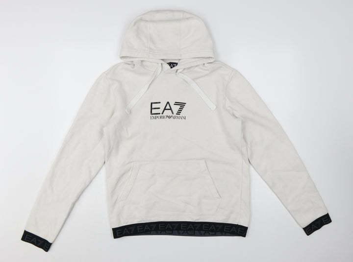 Emporio Armani EA7 Men's White Pullover Hoodie Medium Logo Designer Sweatshirt