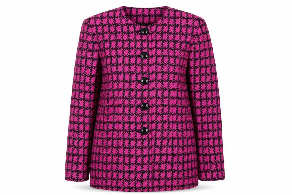 Front view of Jaeger women’s pink houndstooth single-breasted suit jacket, size UK 14