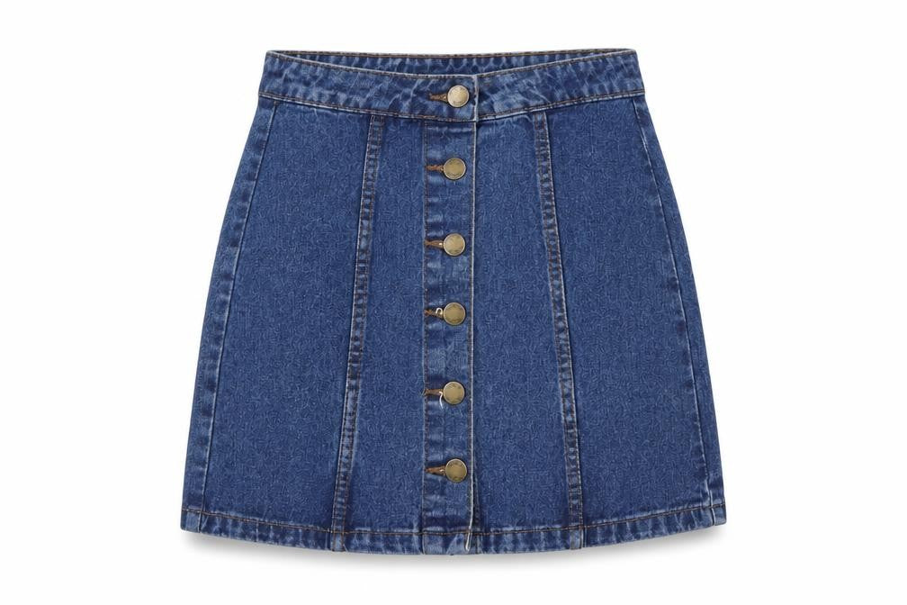 Front view of Denim Co. Women Blue Denim Short A-Line Button Skirt, size 6