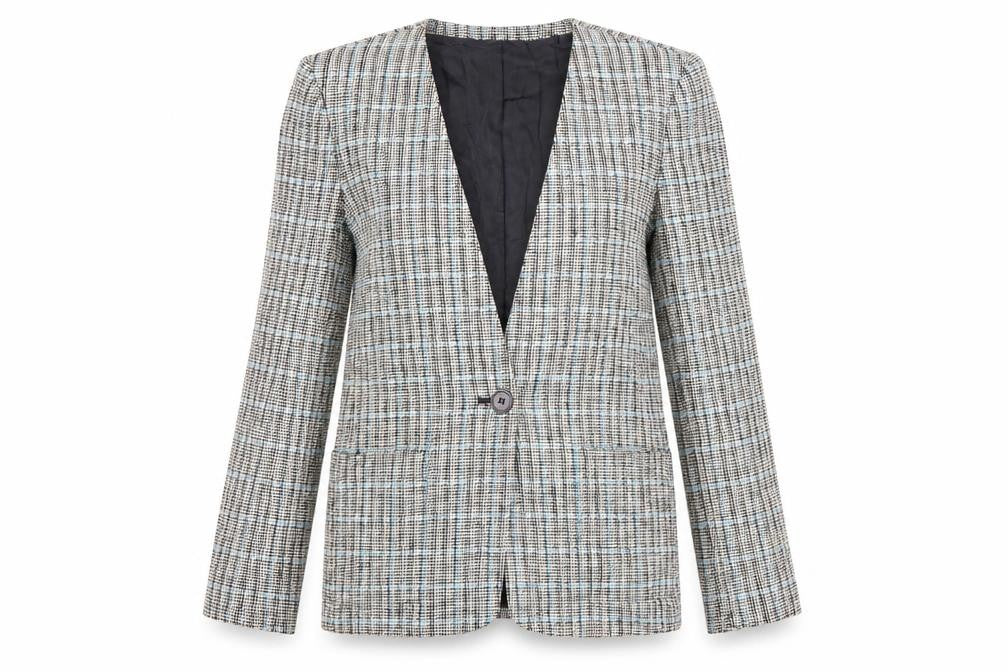Front view of Evan-Picone Petites Women's Beige Checked Blazer Jacket, size 2