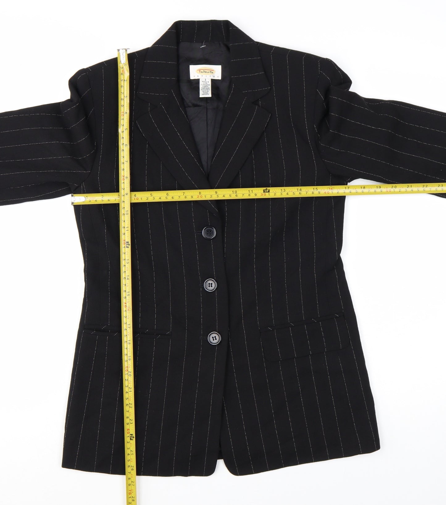 Talbots Petites Black Wool Pinstripe Blazer Jacket Size 2