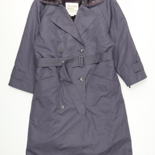 London Fog Women's Grey Petite 8 Long Belted Trench Coat with Faux Fur Collar