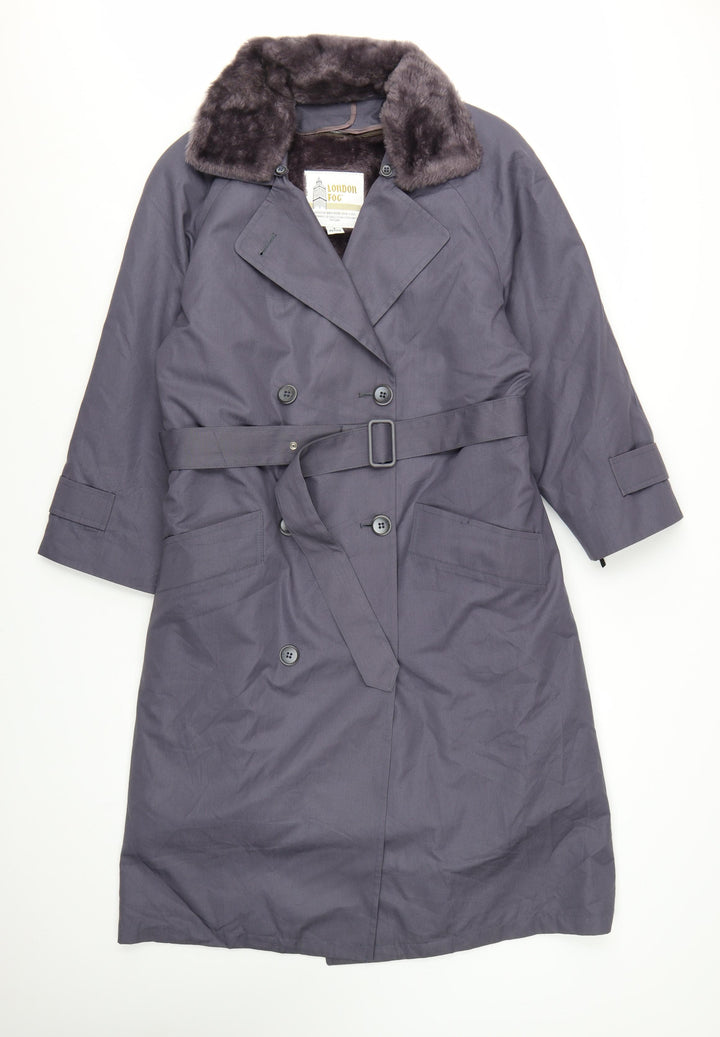 London Fog Women's Grey Petite 8 Long Belted Trench Coat with Faux Fur Collar