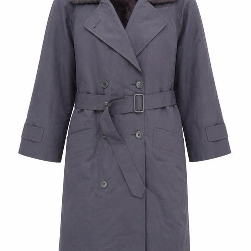 London Fog Women's Grey Petite 8 Long Belted Trench Coat with Faux Fur Collar