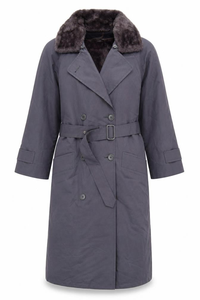 London Fog Women's Grey Petite 8 Long Belted Trench Coat with Faux Fur Collar