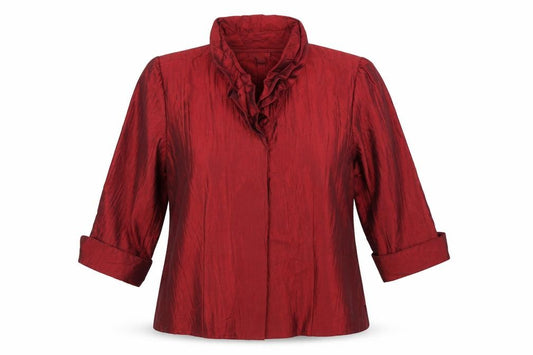 Puli Womens Red Suit Top L Ruffle Collar Satin Look Evening Blouse
