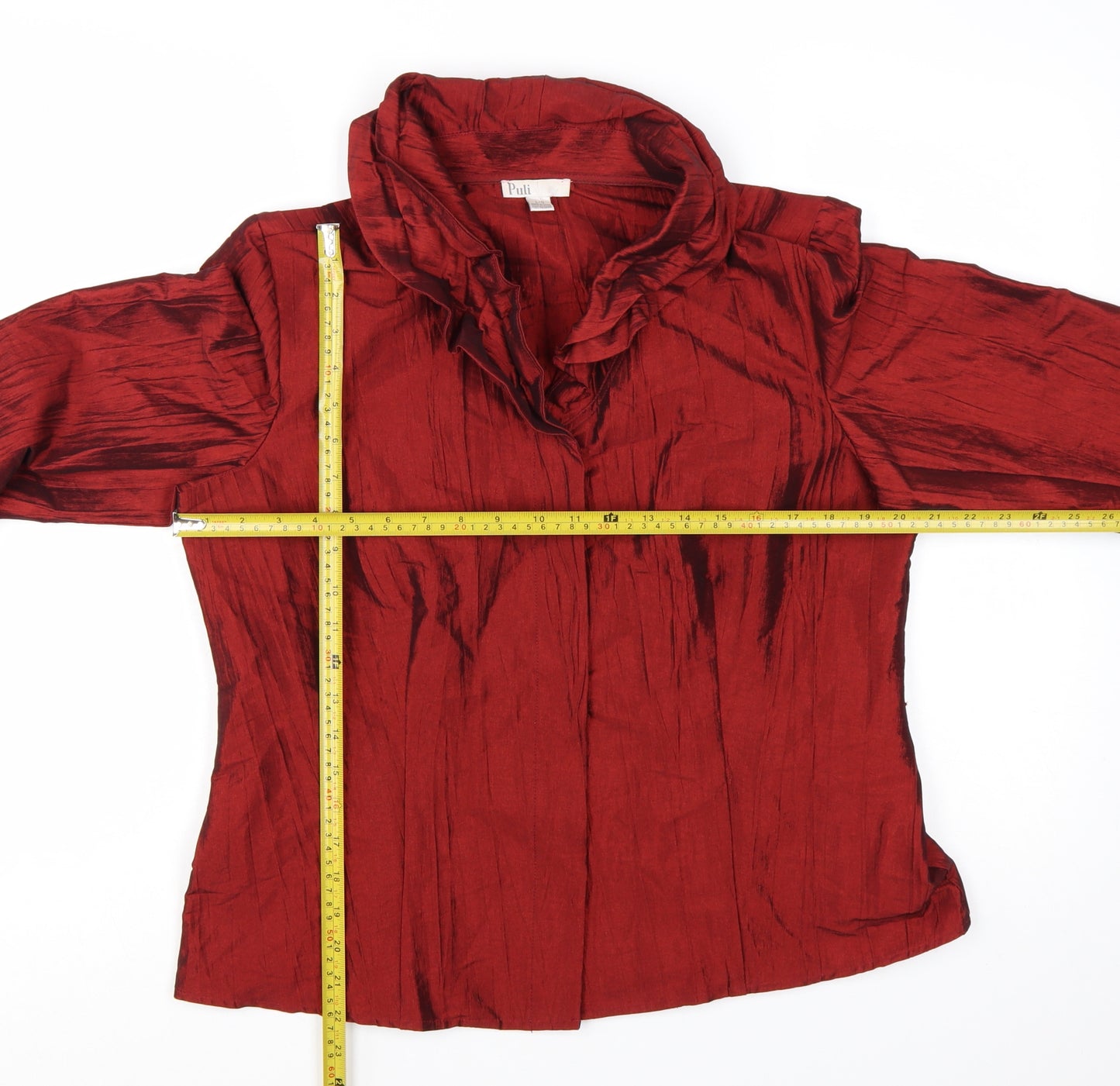 Puli Womens Red Suit Top L Ruffle Collar Satin Look Evening Blouse