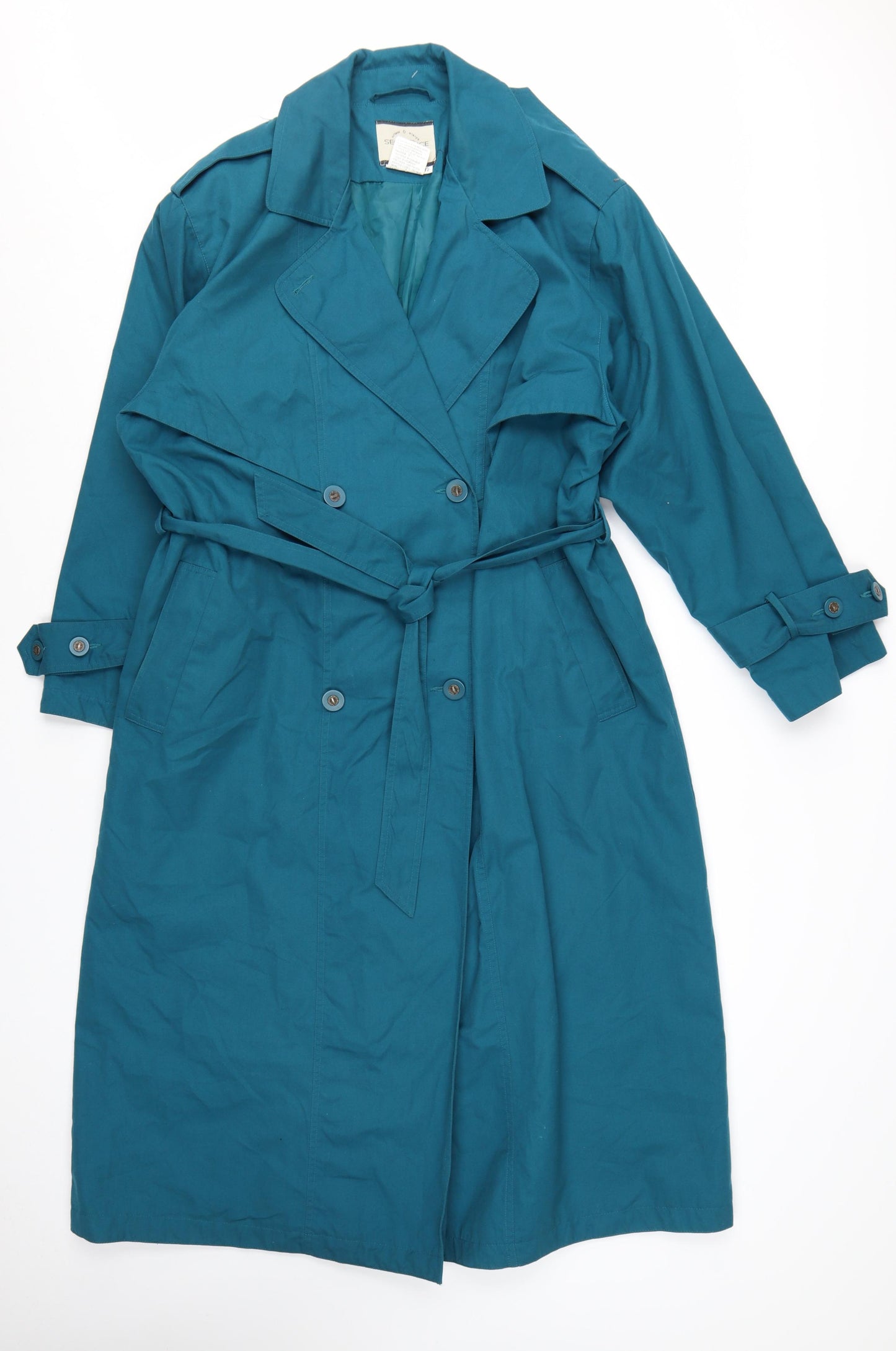 Sequence Women's Blue Trench Coat Size 12 Belted Long Cotton Blend