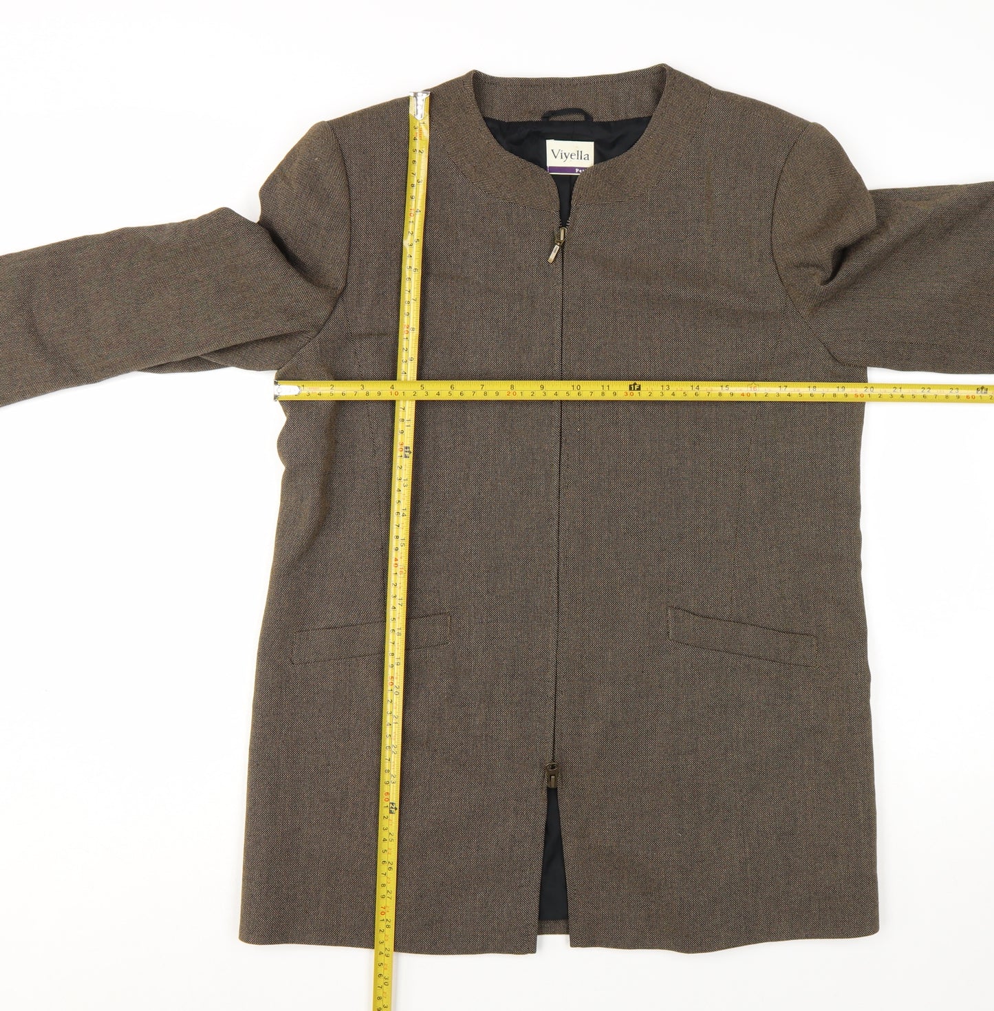 Viyella Petite Brown Wool Blend Mid-Length Lined Blazer UK 12
