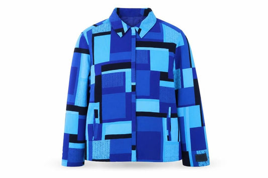 Front view of TanJay Women's Blue Geometric Lined Polyester Jacket, size 14