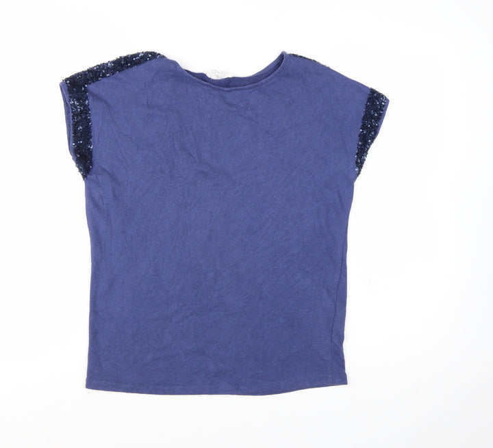 Nine by Savannah Miller Women's Blue Sequin Shoulder Cotton T-Shirt Size 8