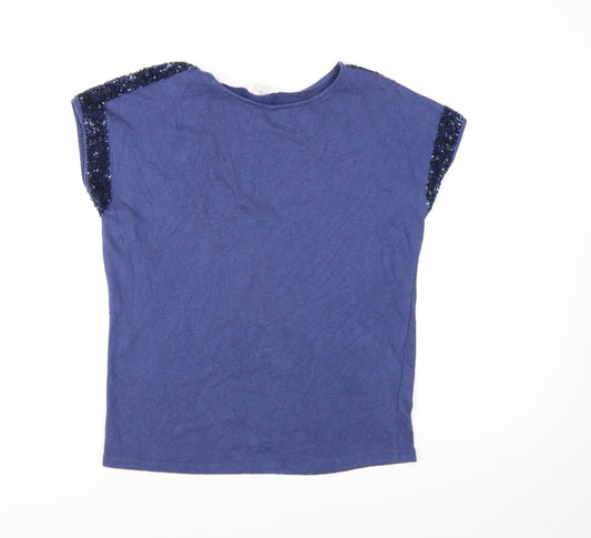 Nine by Savannah Miller Women's Blue Sequin Shoulder Cotton T-Shirt Size 8