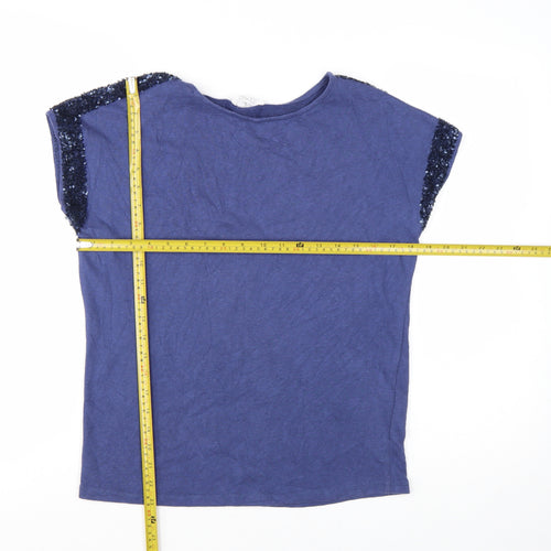 Nine by Savannah Miller Women's Blue Sequin Shoulder Cotton T-Shirt Size 8
