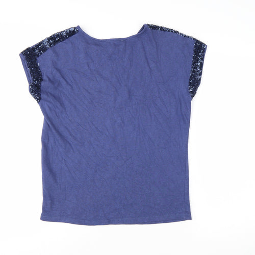 Nine by Savannah Miller Women's Blue Sequin Shoulder Cotton T-Shirt Size 8