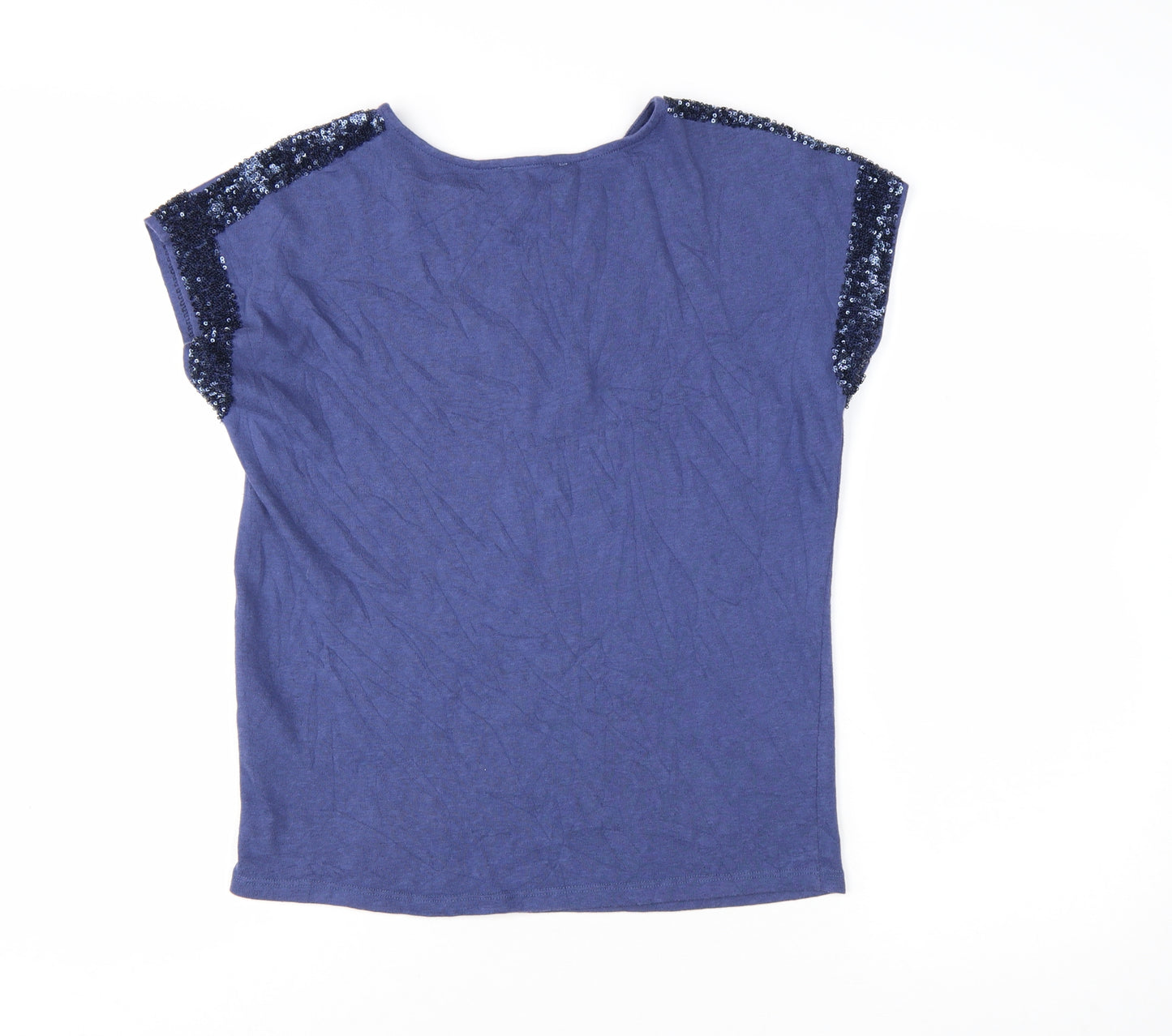 Nine by Savannah Miller Women's Blue Sequin Shoulder Cotton T-Shirt Size 8