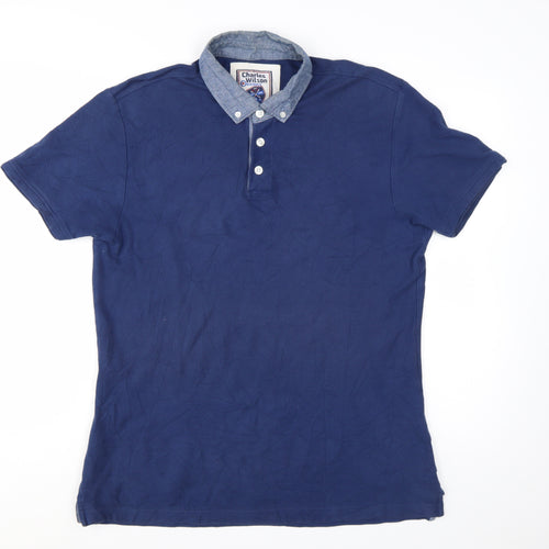 Charles Wilson Mens Blue Cotton Button-Down Collar Polo Shirt L