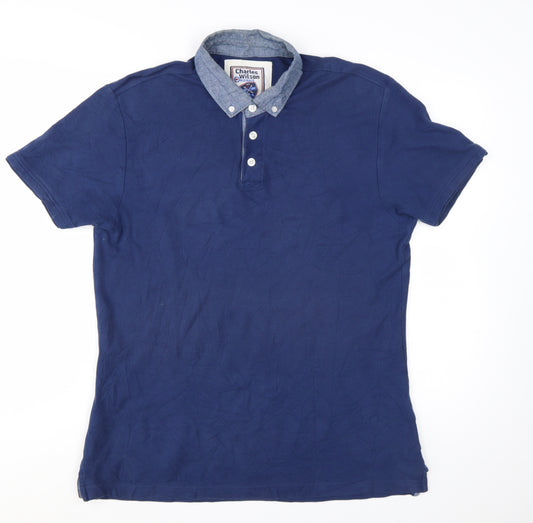 Charles Wilson Mens Blue Cotton Button-Down Collar Polo Shirt L