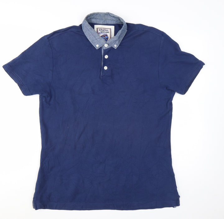 Charles Wilson Mens Blue Cotton Button-Down Collar Polo Shirt L