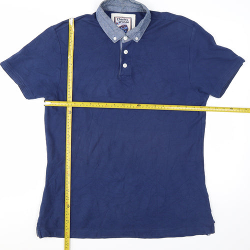 Charles Wilson Mens Blue Cotton Button-Down Collar Polo Shirt L