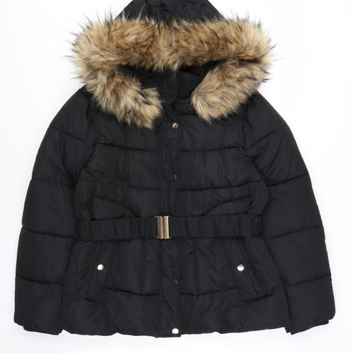 Nutmeg Women's Black Faux Fur Hooded Belted Puffer Jacket Size 16