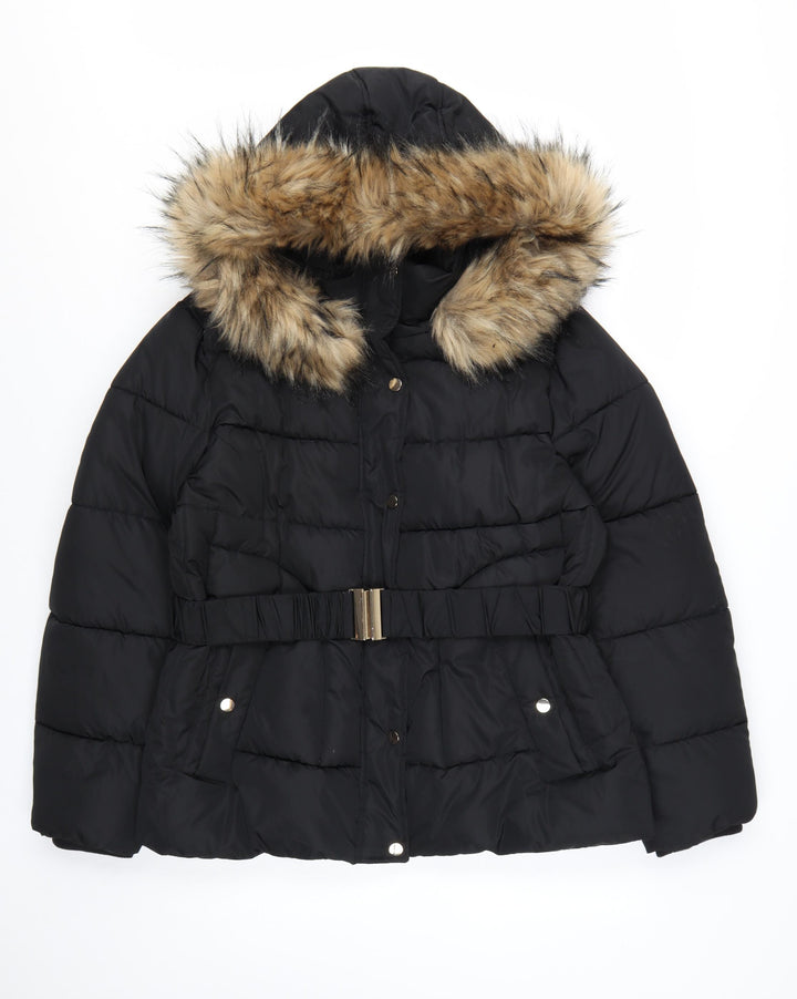 Nutmeg Women's Black Faux Fur Hooded Belted Puffer Jacket Size 16