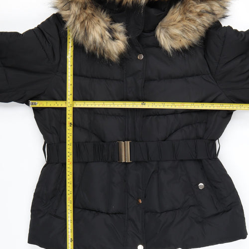 Nutmeg Women's Black Faux Fur Hooded Belted Puffer Jacket Size 16