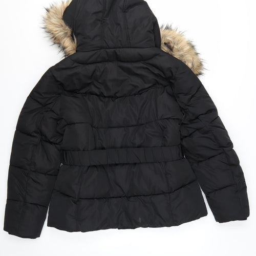 Nutmeg Women's Black Faux Fur Hooded Belted Puffer Jacket Size 16