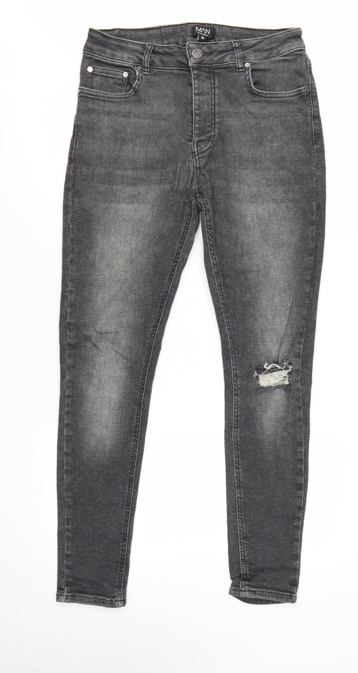 boohooMAN Men's Grey Skinny Jeans Size 32 Distressed Denim