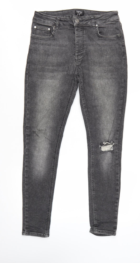 boohooMAN Men's Grey Skinny Jeans Size 32 Distressed Denim