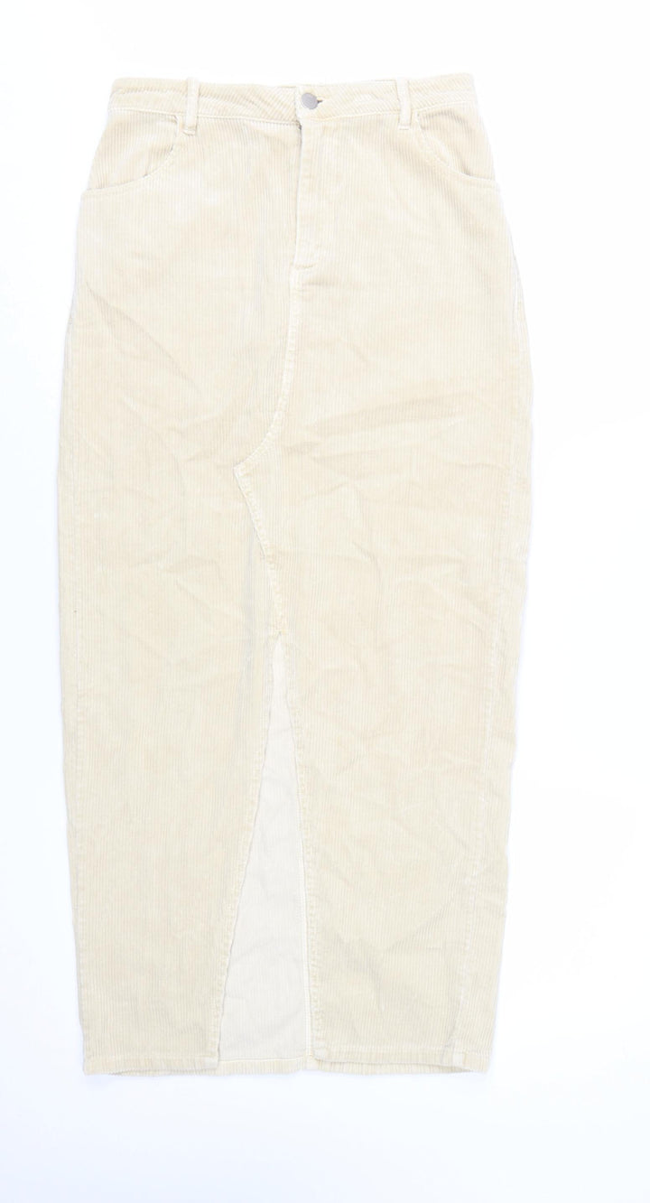 Zara Women Beige Corduroy Midi Pencil Skirt Size S High Rise