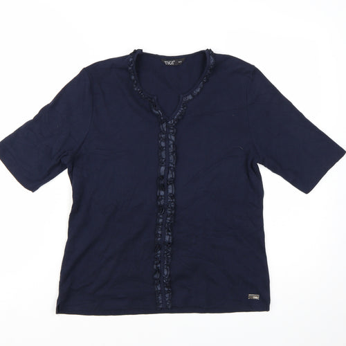 TIGI Women Blue Ruffle Trim Cotton Short Sleeve T-Shirt Size 10/12