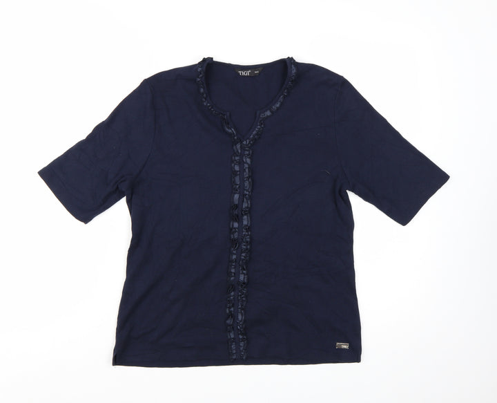 TIGI Women Blue Ruffle Trim Cotton Short Sleeve T-Shirt Size 10/12