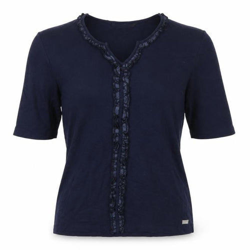 TIGI Women Blue Ruffle Trim Cotton Short Sleeve T-Shirt Size 10/12